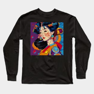 Cyber geisha illustration, colorful retro design Long Sleeve T-Shirt